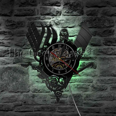 Ancient Norse Viking Vintage Design Illuminated Wall Clock Viking Warrior Weapons Battle Axe Home Decor Wall Art LED Lamp