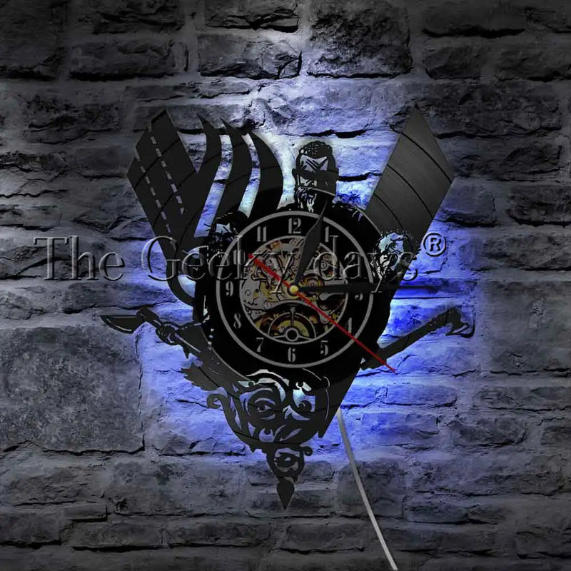 Ancient Norse Viking Vintage Design Illuminated Wall Clock Viking Warrior Weapons Battle Axe Home Decor Wall Art LED Lamp